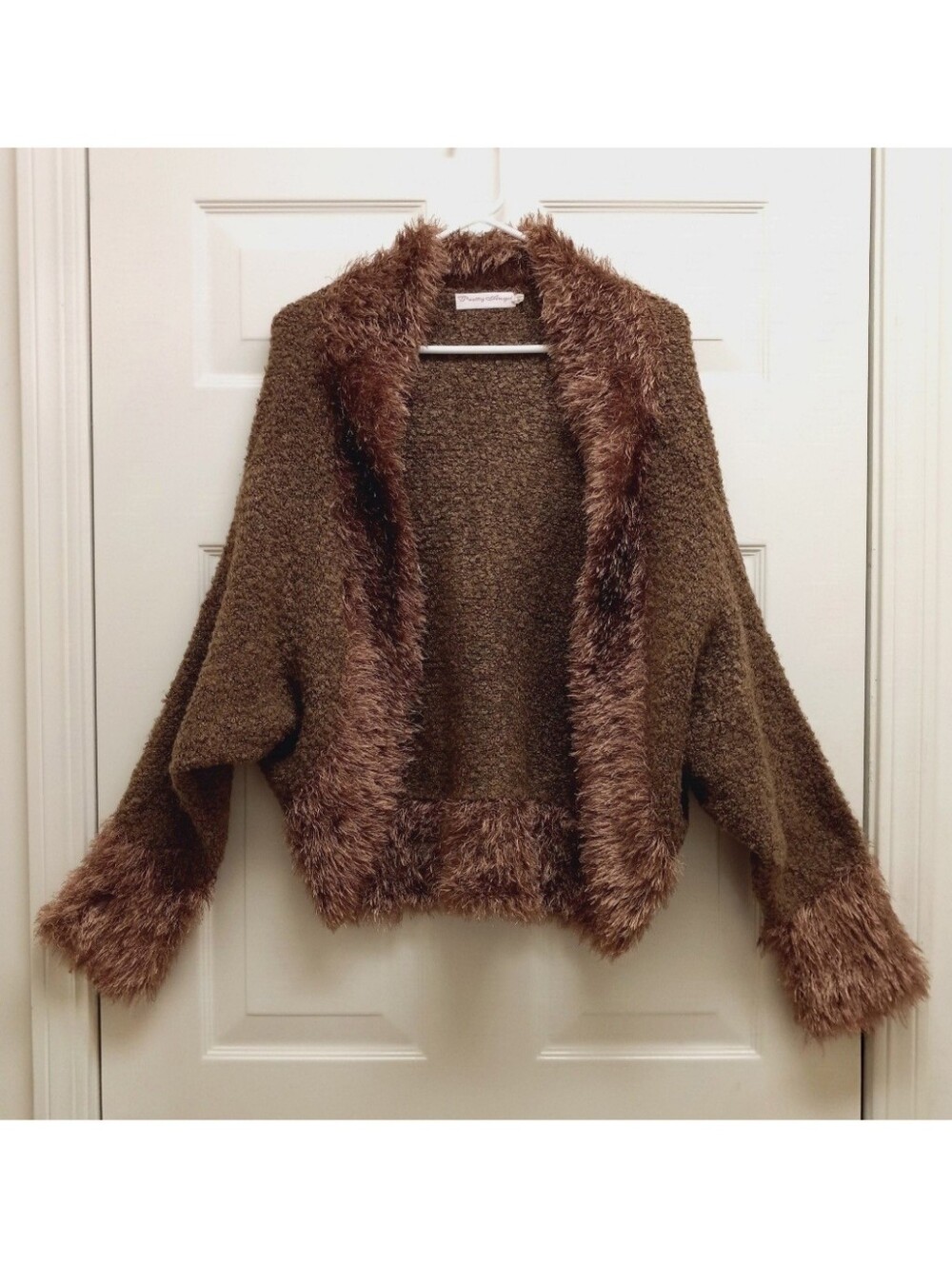 Y2K Style Wool Blend Open Cardigan Shrug Faux Fur Penny Lane Brown Large Boho